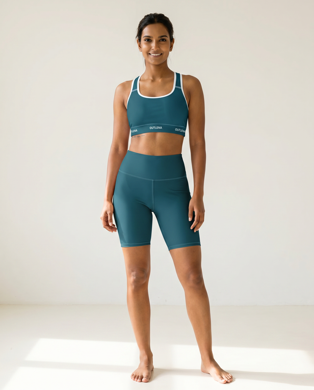 Model wearing Ocean Blue Active Set — Deep Teal sports bra and biker shorts