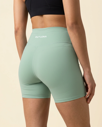 OUTLENA Sculpt Yoga Shorts Soft Mint, back with OUTLENA logo